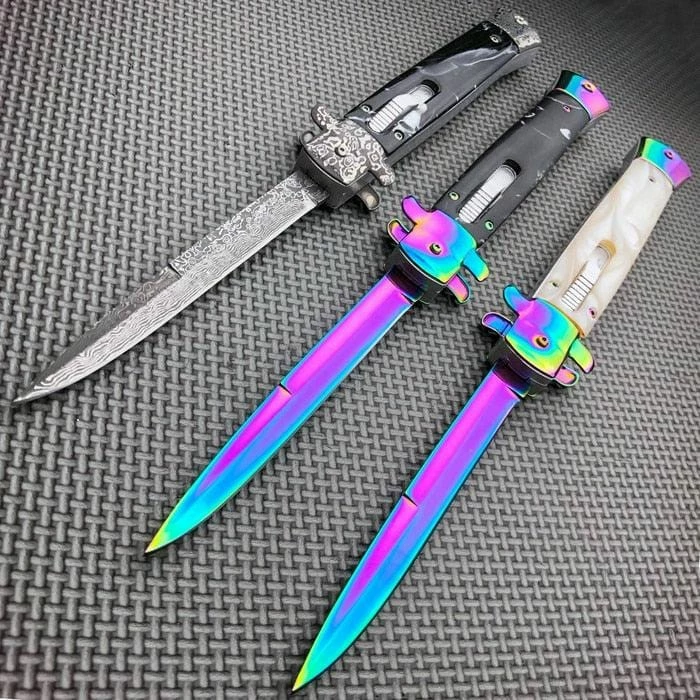 Classic Gentleman Italian Stiletto OTF Rainbow Damascus Style 4 Classic Gentleman Italian Stiletto OTF Rainbow Damascus Style - Image 2