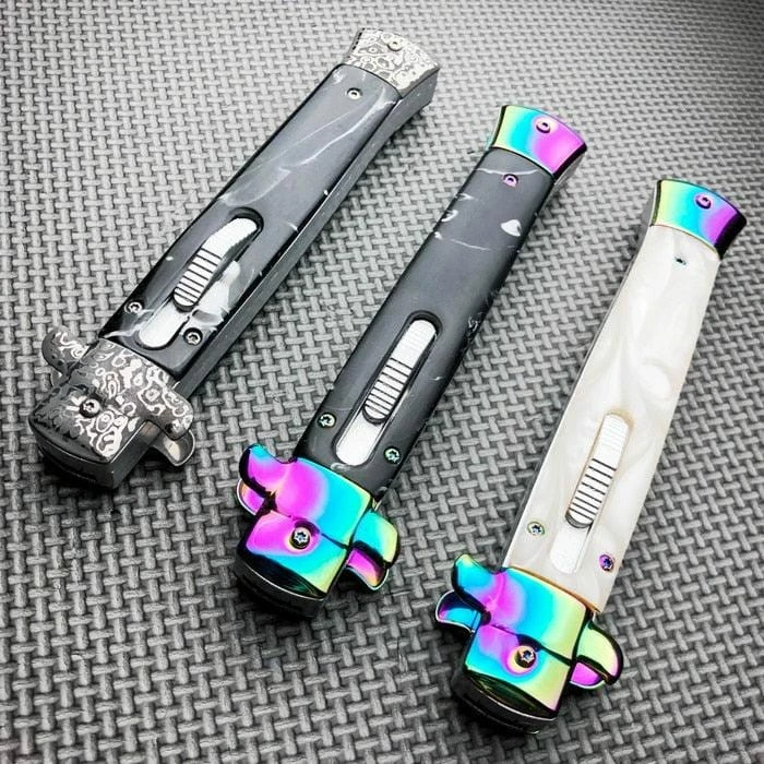 Classic Gentleman Italian Stiletto OTF Rainbow Damascus Style 5 Classic Gentleman Italian Stiletto OTF Rainbow Damascus Style - Image 3