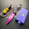 TACTICAL STUN GUN FLASHLIGHT + POCKET KNIFE + PEPPER SPRAY PURPLE SELF DEFENSE