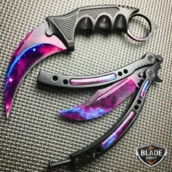 2PC CSGO Black Galaxy Karambit Fixed Blade + Butterfly Balisong Trainer Knife