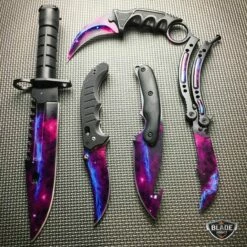 5 PC Black Galaxy Fixed Blade Hunting Knife Guthook Balisong Butterfly Bayonet Karambit Flipper Collection