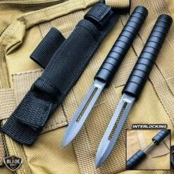 7.5" Interlocking Dual Blade Tactical Throwing Hunting Knife W/ Sheath