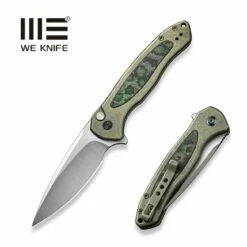 WEKNIFE Button Lock Kitefin Flipper Knife Green Titanium Handle With Jungle Wear Fat Carbon Fiber Inlay (3.22" Hand Polished Satin CPM 20CV Blade) WE19002N-2
