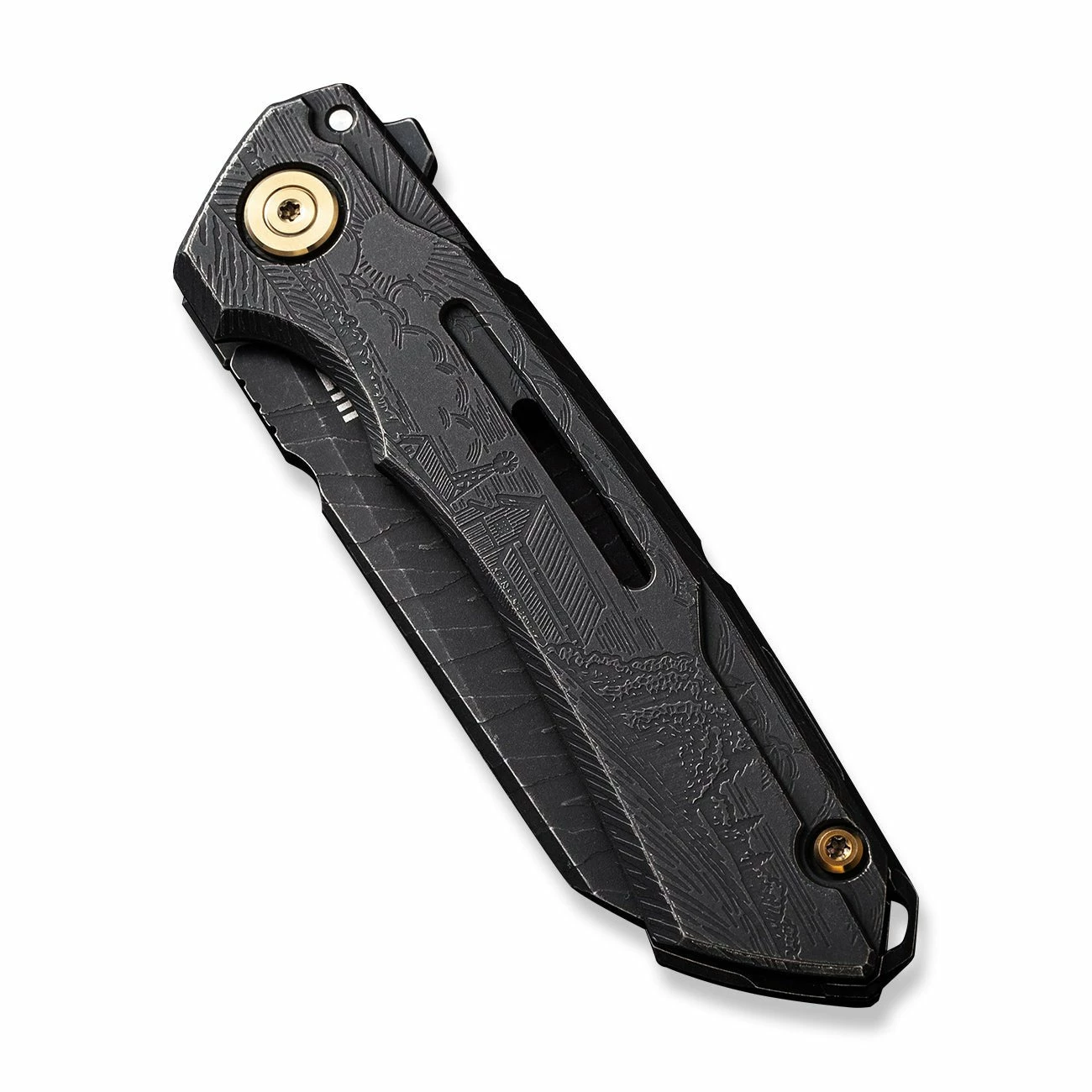 WEKNIFE Mini Buster Flipper Knife Black Stonewashed With Etching Pattern Titanium Presentation Handle With Black Stonewashed Titanium Lock Side Handle (3.43" Black Stonewashed With Etching Pattern CPM 20CV Blade) 2003D 8 WEKNIFE Mini Buster Flipper Knife Black Stonewashed With Etching Pattern Titanium Presentation Handle With Black Stonewashed Titanium Lock Side Handle (3.43" Black Stonewashed With Etching Pattern CPM 20CV Blade) 2003D - Image 6