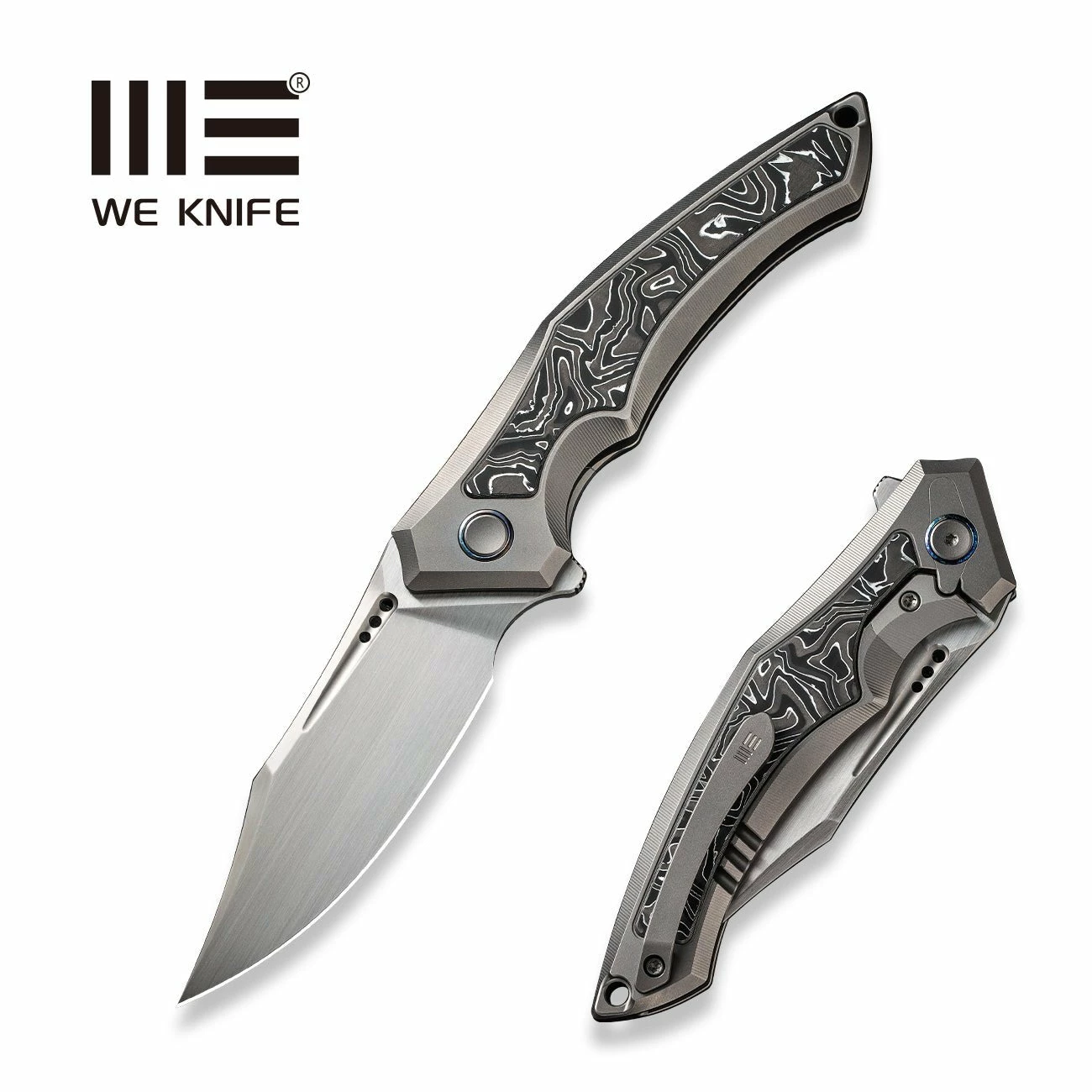 WEKNIFE Orpheus Flipper Knife Gray Titanium Integral Handle With Aluminum Foil Carbon Fiber Inlay (3.48" Hand Rubbed Satin CPM 20CV Blade) WE23009-2 3 WEKNIFE Orpheus Flipper Knife Gray Titanium Integral Handle With Aluminum Foil Carbon Fiber Inlay (3.48" Hand Rubbed Satin CPM 20CV Blade) WE23009-2
