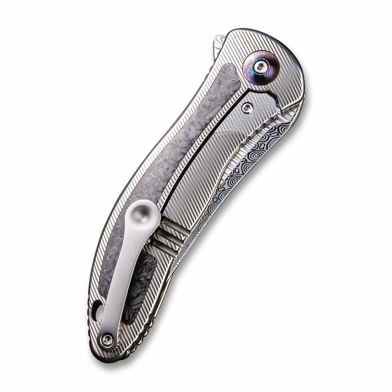 WEKNIFE Synergy2 Flipper Knife Titanium Integral Handle With Carbon Fibre Inlay (3.49" Hakkapella Damasteel Blade) 912CF-DS1 9 WEKNIFE Synergy2 Flipper Knife Titanium Integral Handle With Carbon Fibre Inlay (3.49" Hakkapella Damasteel Blade) 912CF-DS1 - Image 7