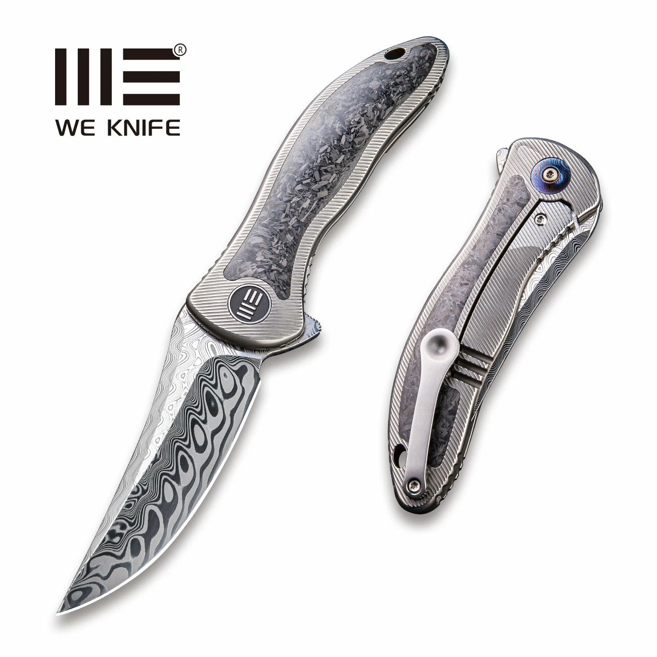 WEKNIFE Synergy2 Flipper Knife Titanium Integral Handle With Carbon Fibre Inlay (3.49" Hakkapella Damasteel Blade) 912CF-DS1 3 WEKNIFE Synergy2 Flipper Knife Titanium Integral Handle With Carbon Fibre Inlay (3.49" Hakkapella Damasteel Blade) 912CF-DS1