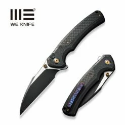 WEKNIFE Ziffius Flipper & Thumb Stud & Button Lock Knife Black Stonewashed With Etching Pattern Titanium Handle With Twill Carbon Fiber Integral Spacer (3.7" Black Stonewashed CPM 20CV Blade, Satin Flat) WE22024A-4